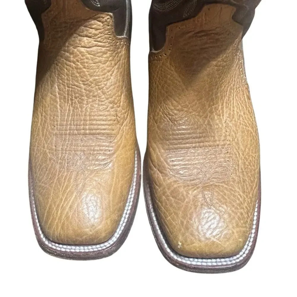 Double H two tone square toe western boots tan leather vamp dark brown shaft 13D
